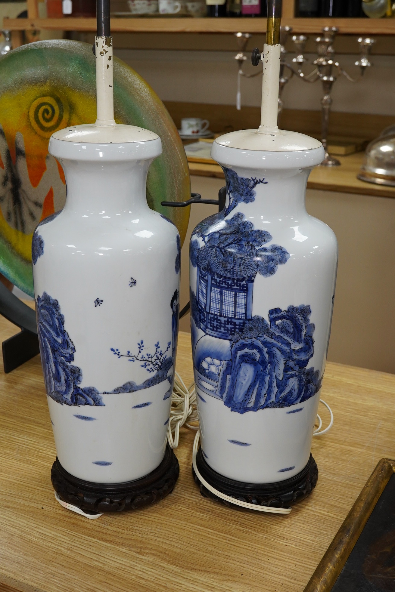 A pair of Chinese blue and white porcelain table lamps, 73cm total. Condition - good, not tested